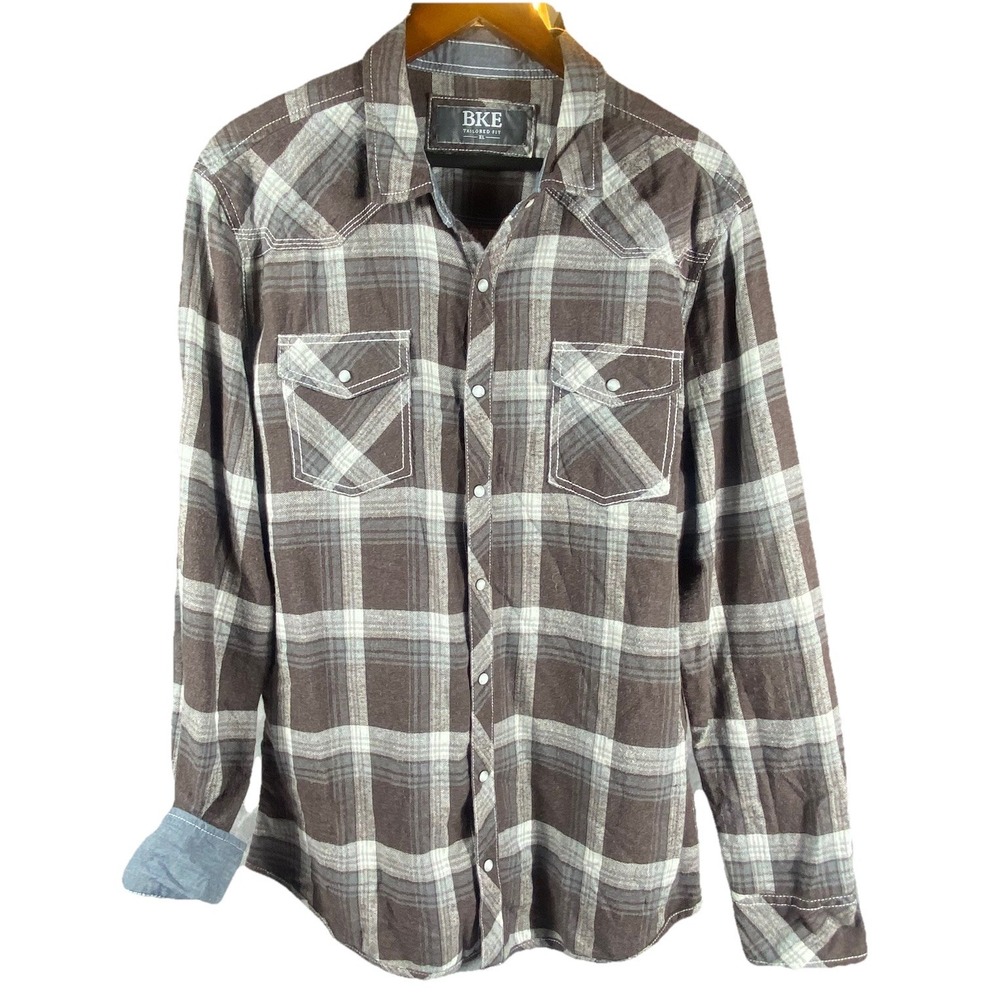 BKE Plaid Western Shirt XL Pearl Snap Flap Pockets Tailored Fit Rodeo Brown Soft